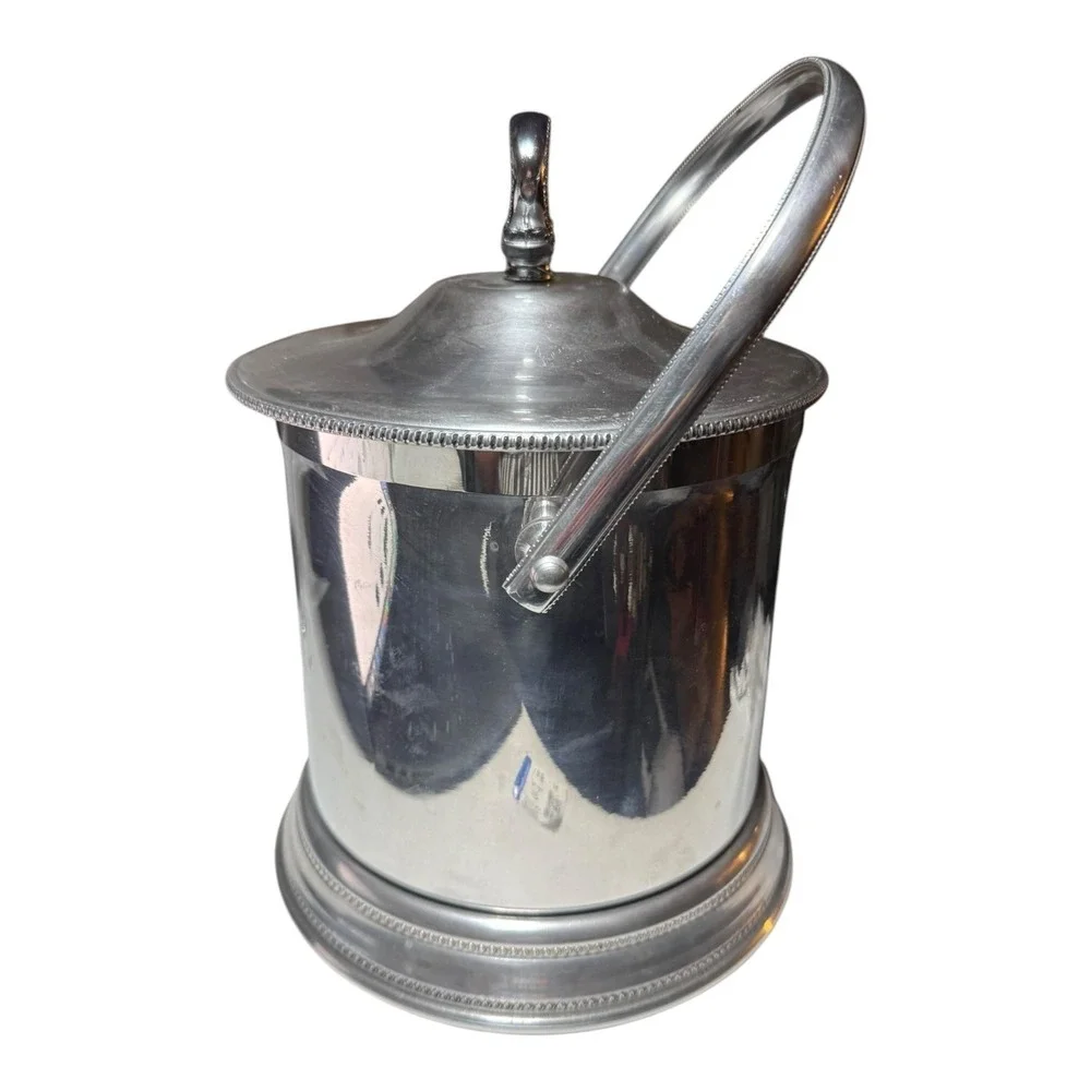 Vintage Silver Tone Insulated Ice Bucket with Lid and Handle Beaded Trim 10in